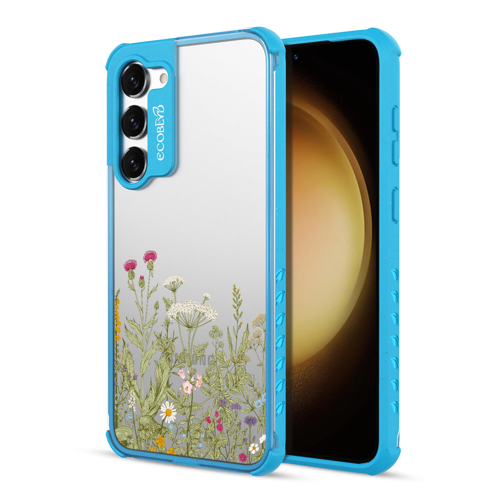 Take Root - Back View Of Blue & Clear Eco-Friendly Galaxy S23 Case & A Front View Of The Screen