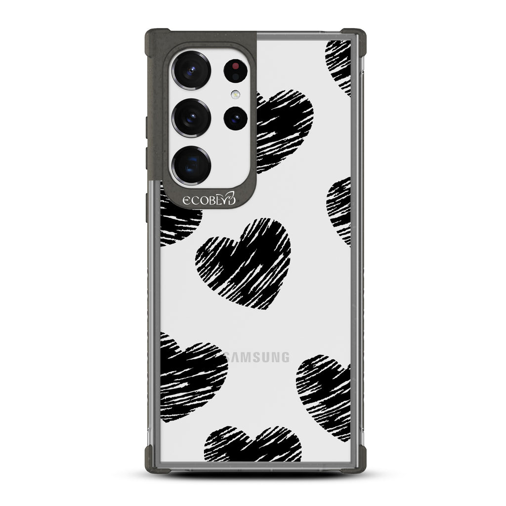 Drawn To You - Black Eco-Friendly Galaxy S23 Ultra Case with Sketched Hearts On A Clear Back