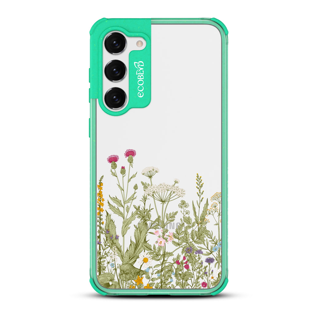 Take Root - Green Eco-Friendly Galaxy S23 Case With A Wild Herbs & Flowers Botanical Herbarium On A Clear Back