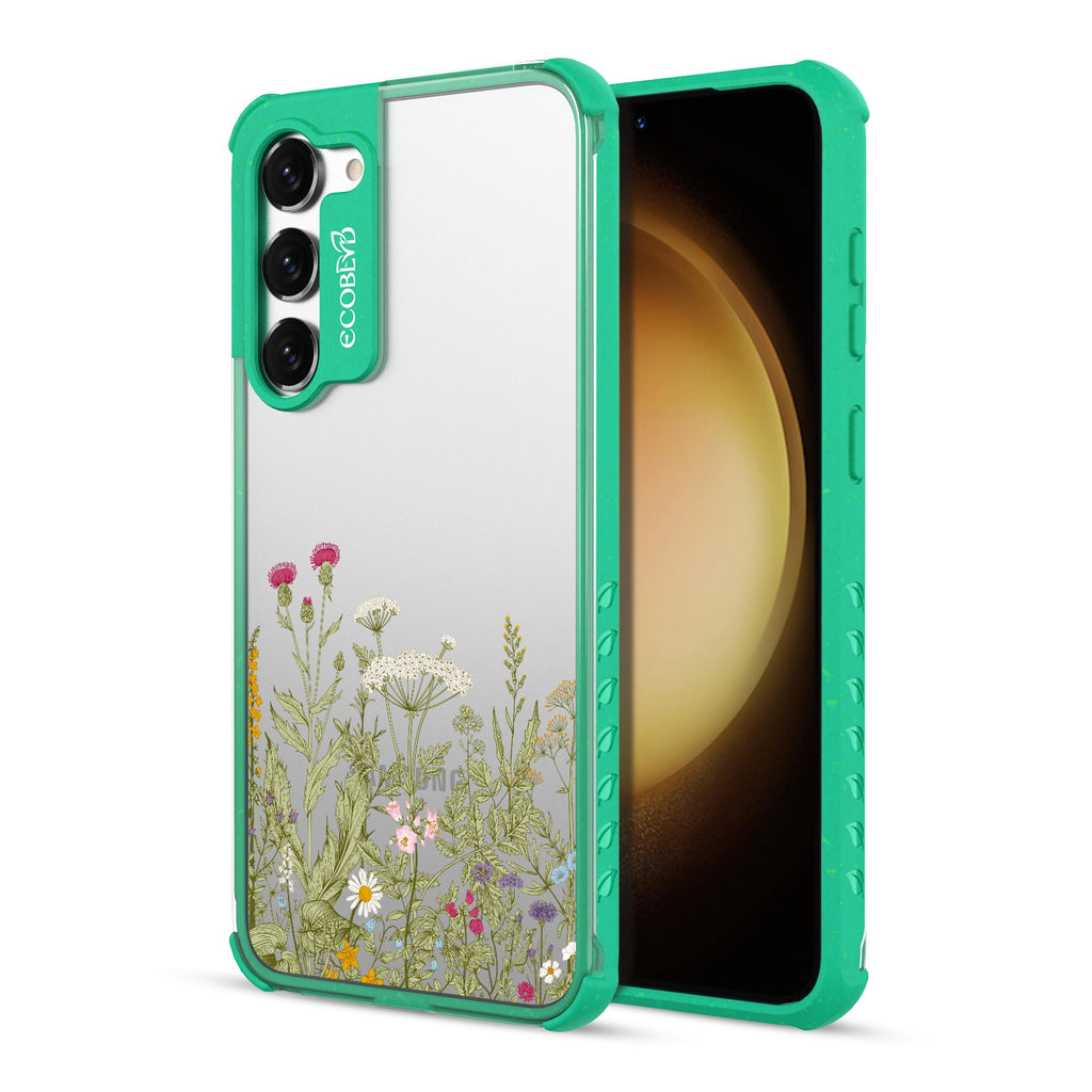 Take Root - Back View Of Green & Clear Eco-Friendly Galaxy S23 Case & A Front View Of The Screen