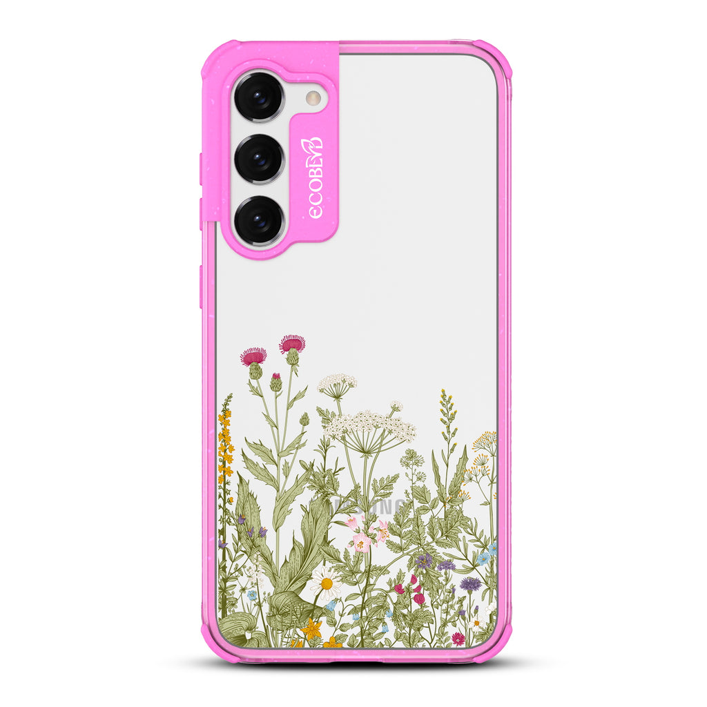 Take Root - Pink Eco-Friendly Galaxy S23 Case With A Wild Herbs & Flowers Botanical Herbarium On A Clear Back