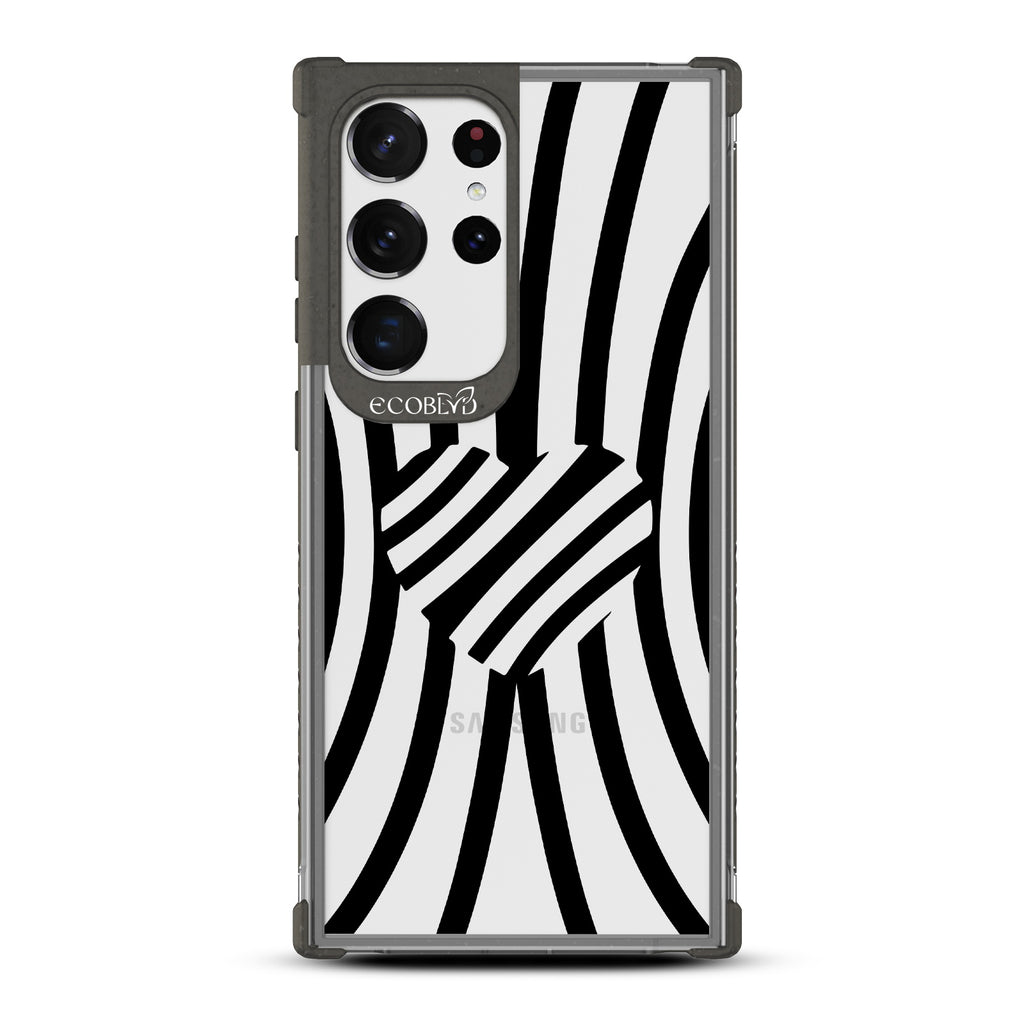 Swirl Of Emotion - Black Eco-Friendly Galaxy S23 Ultra Case With Black Zebra Stripes & A Heart In The Center On A Clear Back