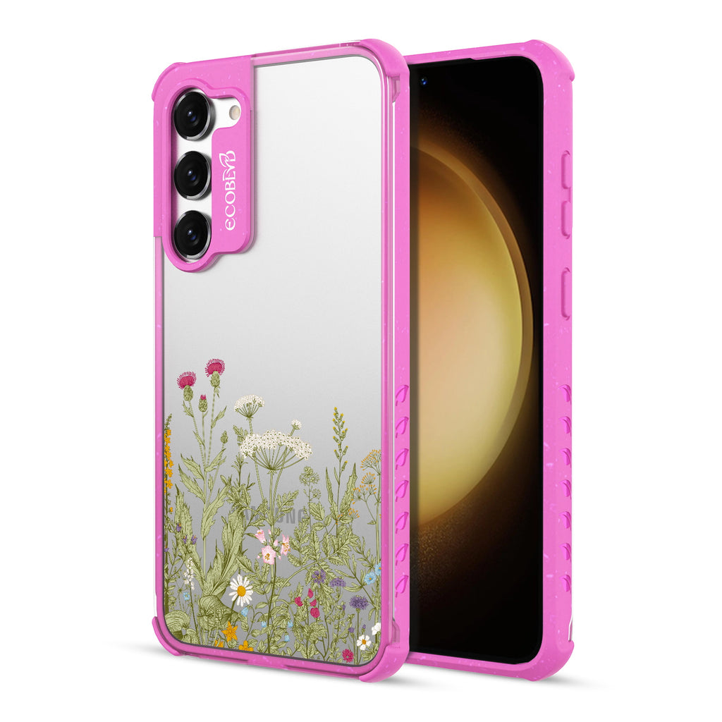 Take Root - Back View Of Pink & Clear Eco-Friendly Galaxy S23 Case & A Front View Of The Screen