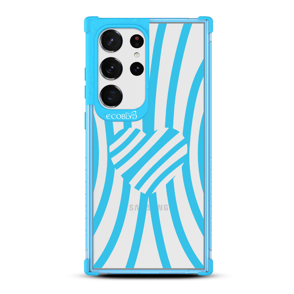 Swirl Of Emotion - Blue Eco-Friendly Galaxy S23 Ultra Case With Black Zebra Stripes & A Heart In The Center On A Clear Back