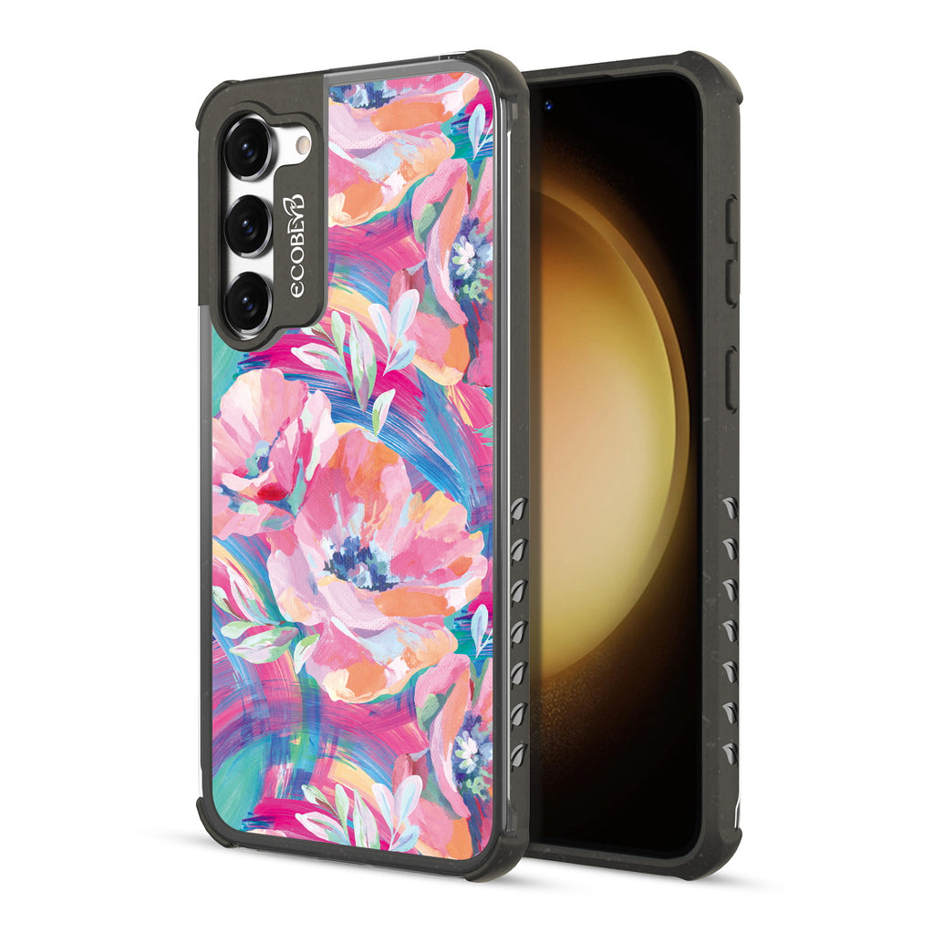 Pastel Poppy - Back View Of Black & Clear Eco-Friendly Galaxy S23 Plus Case & A Front View Of The Screen