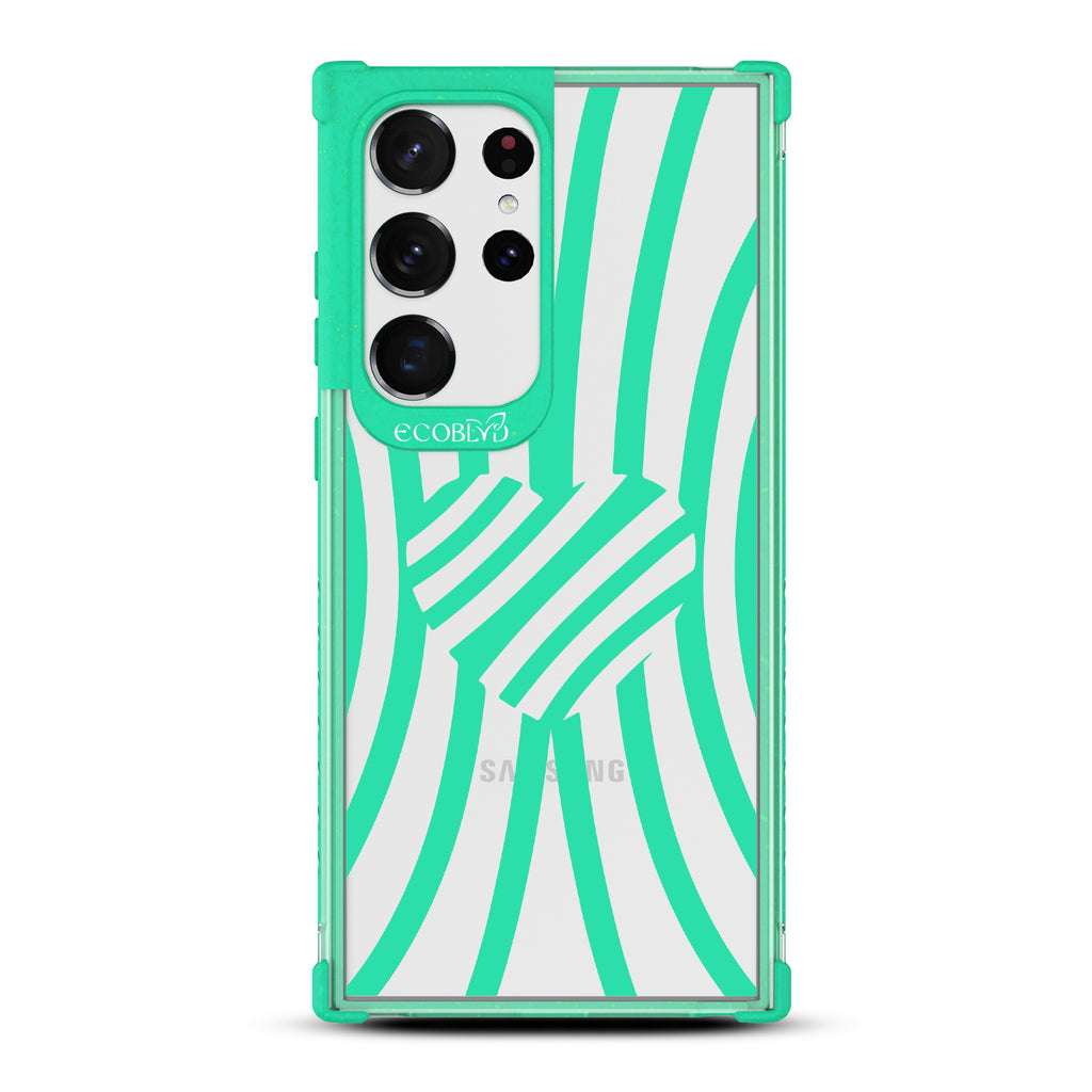Swirl Of Emotion - Green Eco-Friendly Galaxy S23 Ultra Case With Black Zebra Stripes & A Heart In The Center On A Clear Back