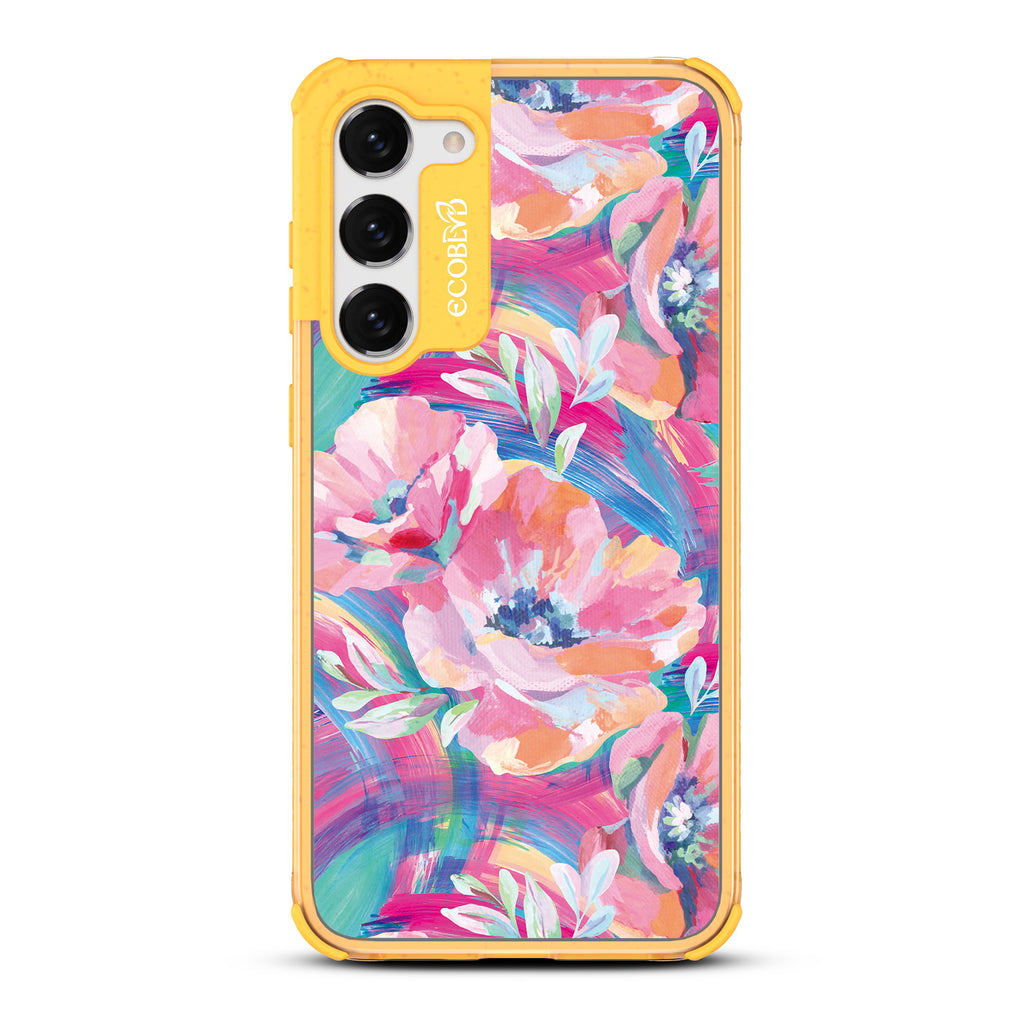 Pastel Poppy - Yellow Eco-Friendly Galaxy S23 Case With A Pastel-Colored Abstract Painting Of Poppies On A Clear Back