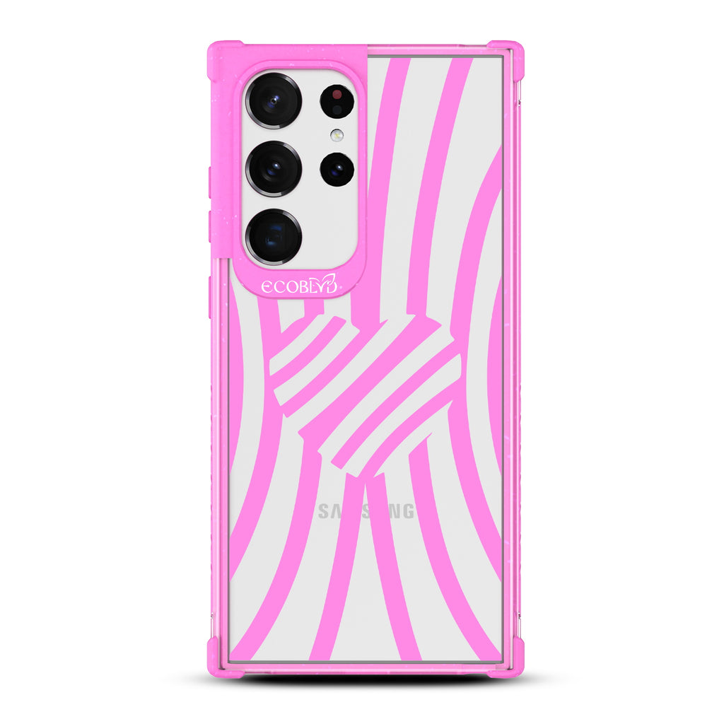 Swirl Of Emotion - Pink Eco-Friendly Galaxy S23 Ultra Case With Black Zebra Stripes & A Heart In The Center On A Clear Back