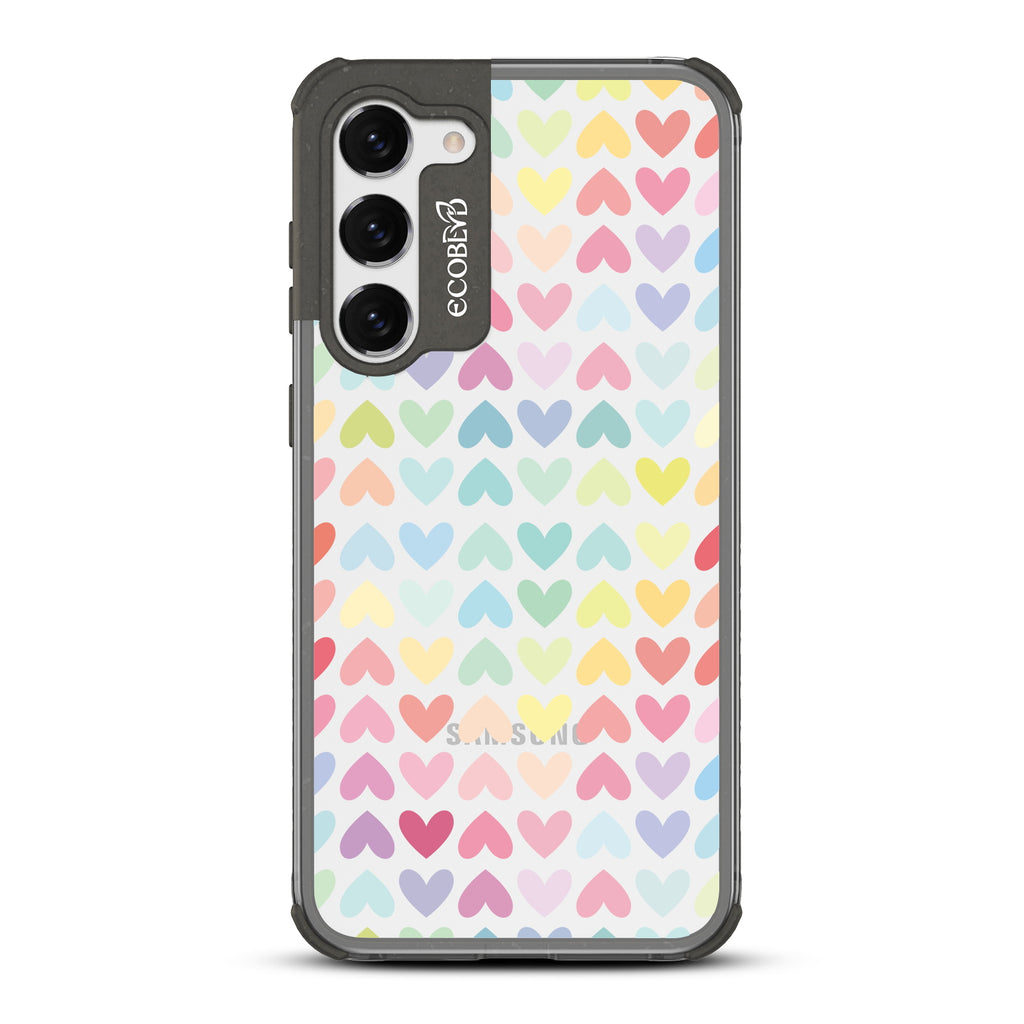 Love Is Love - Black Eco-Friendly Galaxy S23 Case With A Pastel Rainbow Hearts Pattern On A Clear Back
