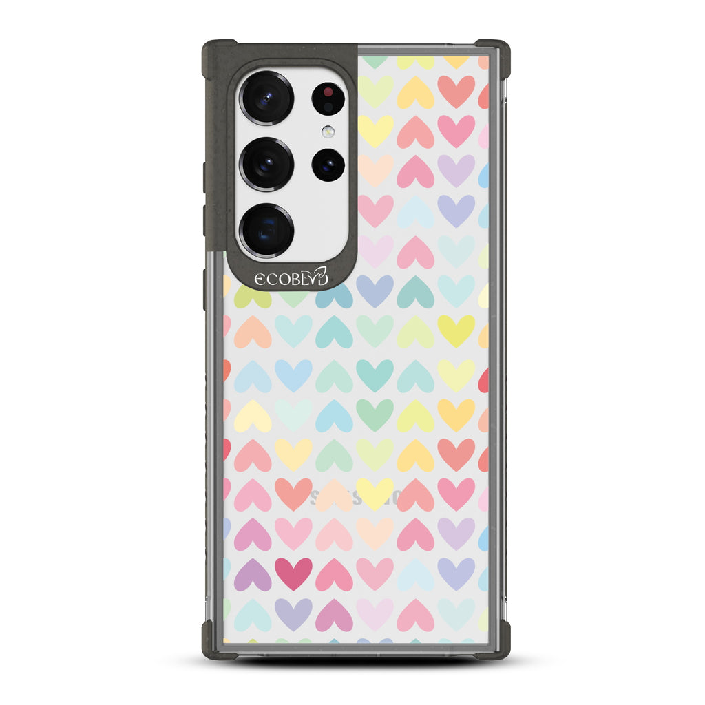 Love Is Love - Black Eco-Friendly Galaxy S23 Ultra Case With A Pastel Rainbow Hearts Pattern On A Clear Back