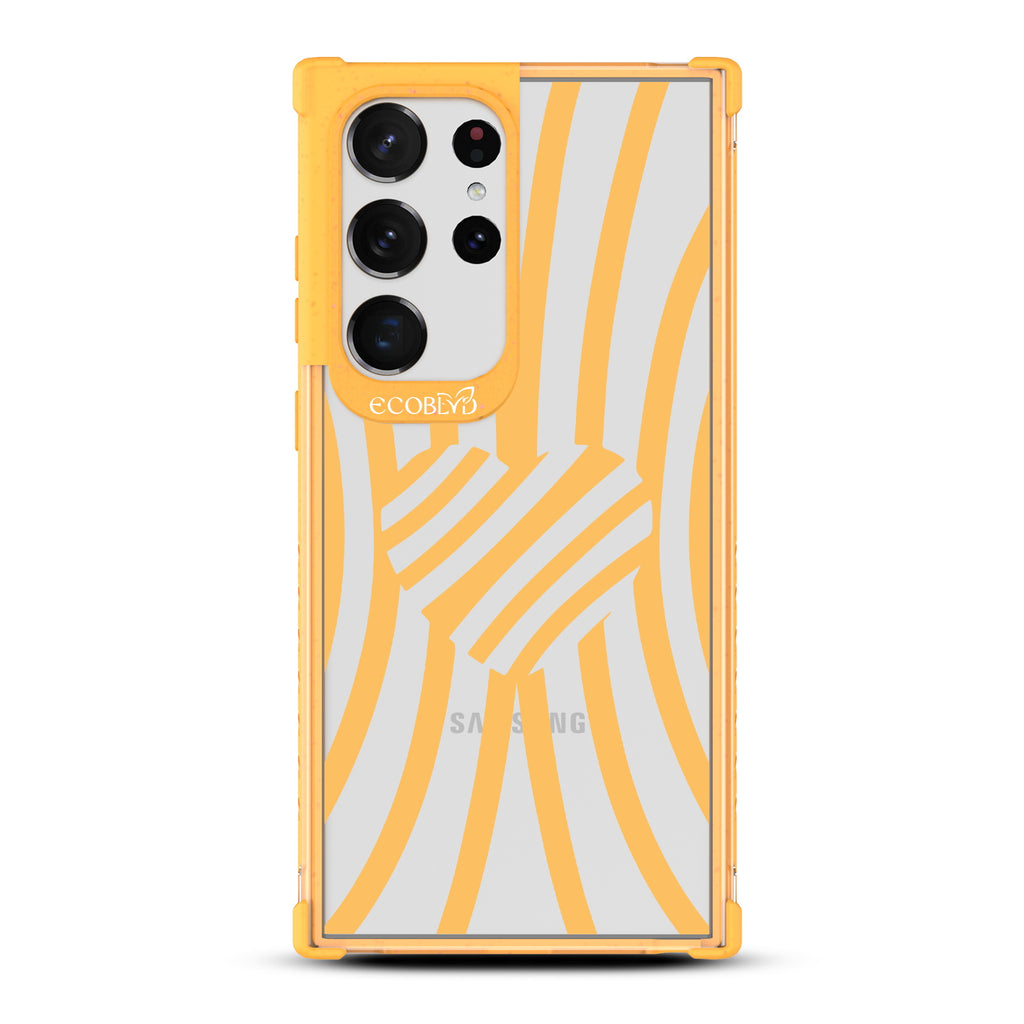 Swirl Of Emotion - Yellow Eco-Friendly Galaxy S23 Ultra Case With Black Zebra Stripes & A Heart In The Center On A Clear Back