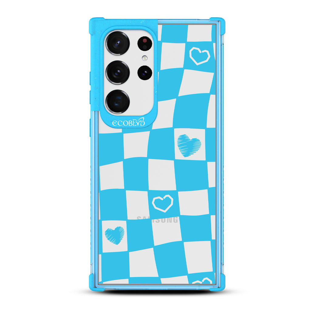 Reality Check - Blue Eco-Friendly Galaxy S23 Ultra Case With Wavy Checkered Print & Scribbled Hearts On A Clear Back