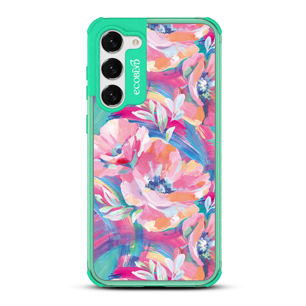 Pastel Poppy - Green Eco-Friendly Galaxy S23 Case With A Pastel-Colored Abstract Painting Of Poppies On A Clear Back
