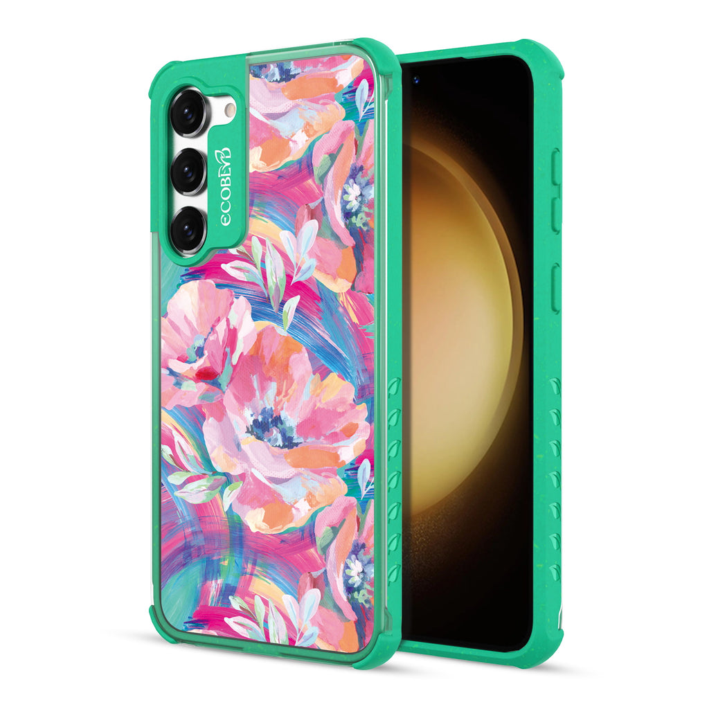 Pastel Poppy - Back View Of Green & Clear Eco-Friendly Galaxy S23 Case & A Front View Of The Screen