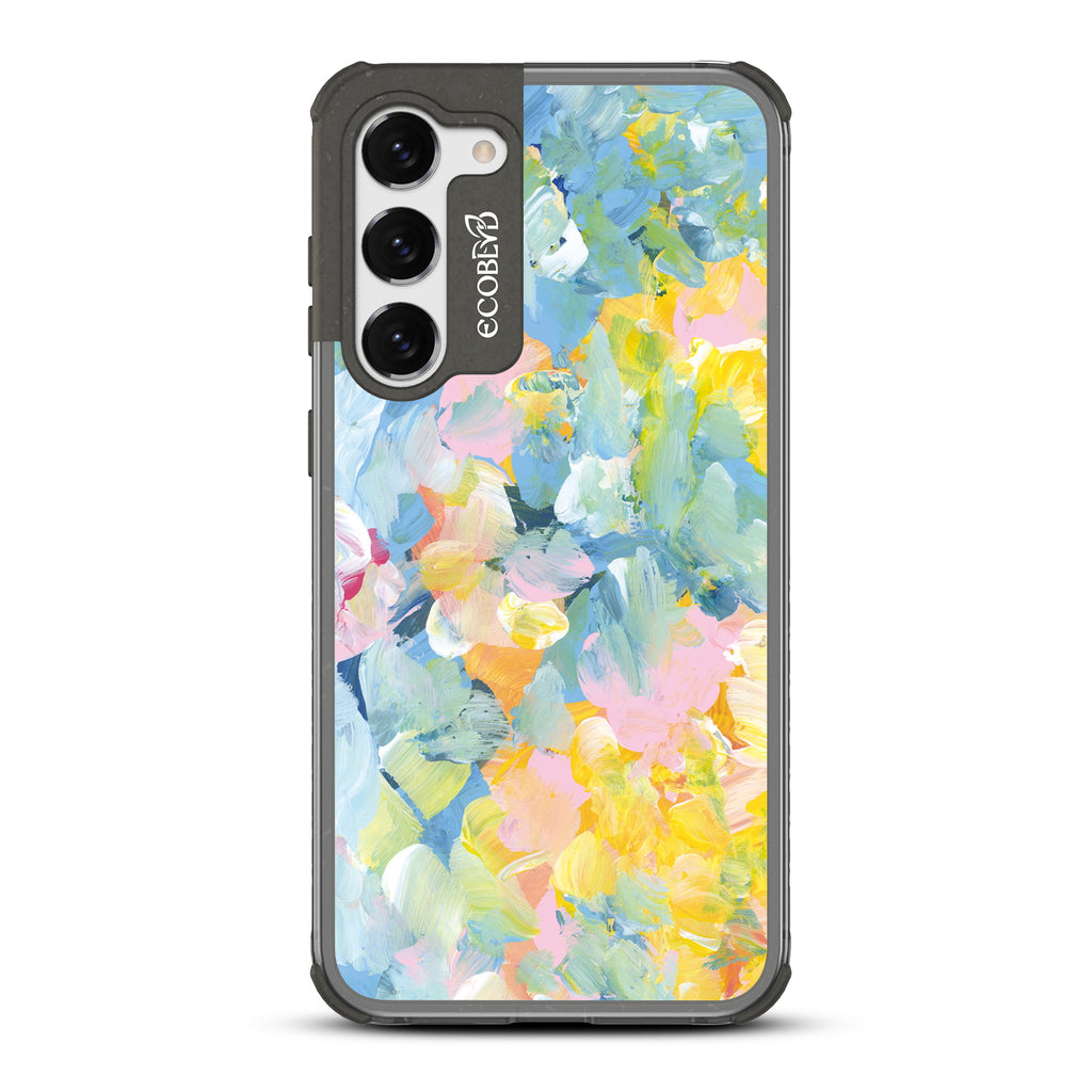 Spring Feeling - Black Eco-Friendly Galaxy S23 Case With Pastel Acrylic Abstract Paint Smears & Blots On A Clear Back
