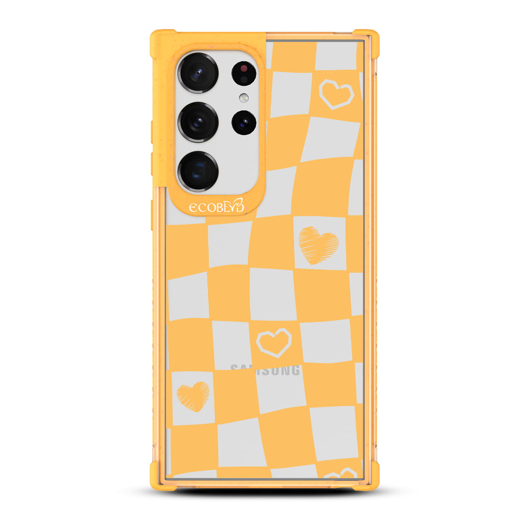 Reality Check - Yellow Eco-Friendly Galaxy S23 Ultra Case With Wavy Checkered Print & Scribbled Hearts On A Clear Back