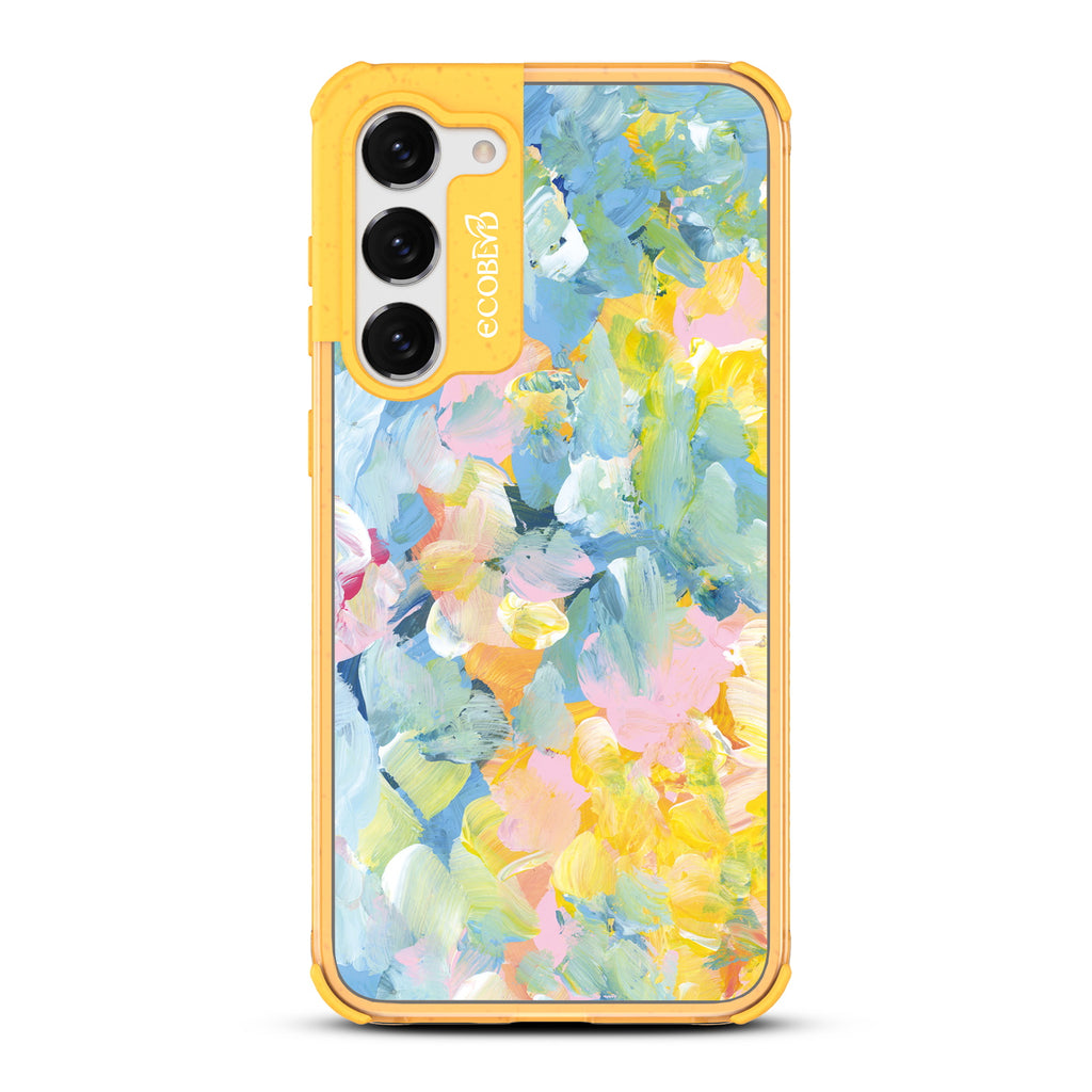 Spring Feeling - Yellow Eco-Friendly Galaxy S23 Plus Case With Pastel Acrylic Abstract Paint Smears & Blots On A Clear Back