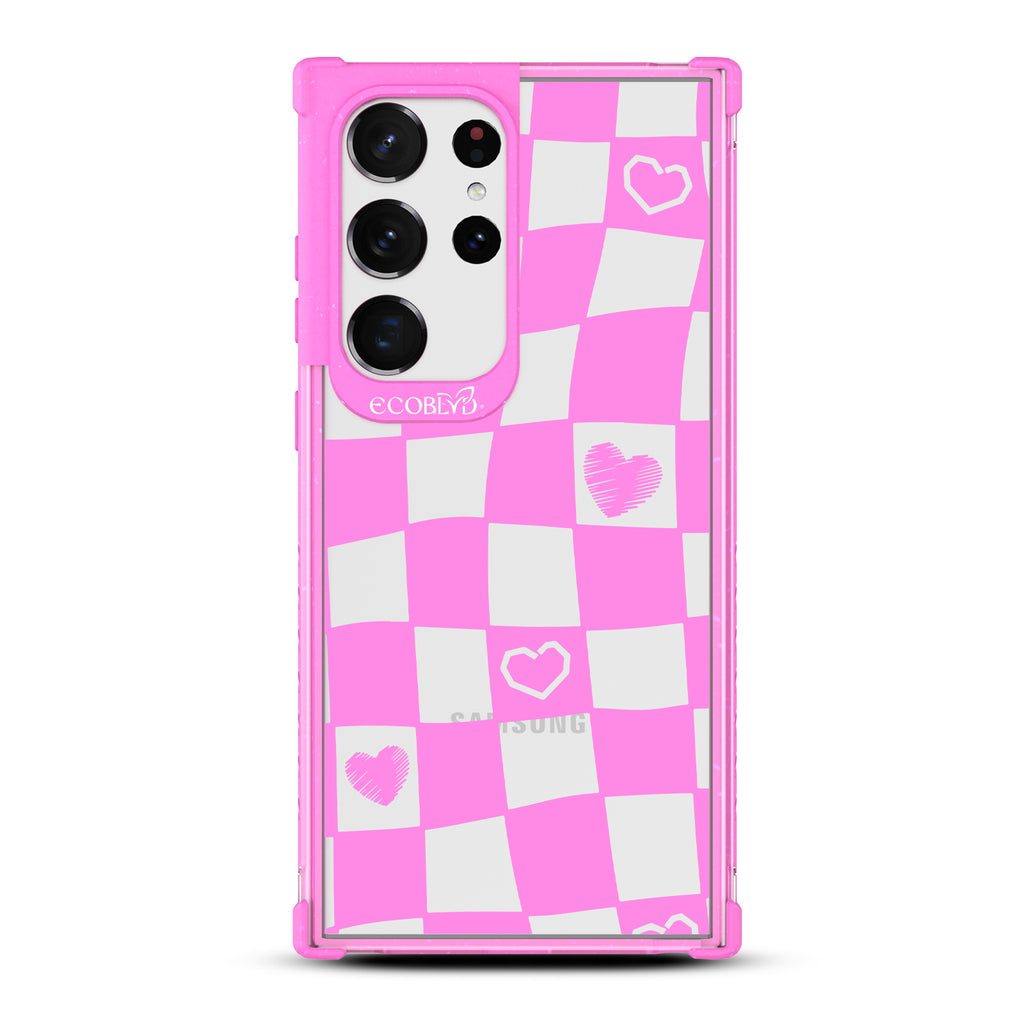 Reality Check - Pink Eco-Friendly Galaxy S23 Ultra Case With Wavy Checkered Print & Scribbled Hearts On A Clear Back