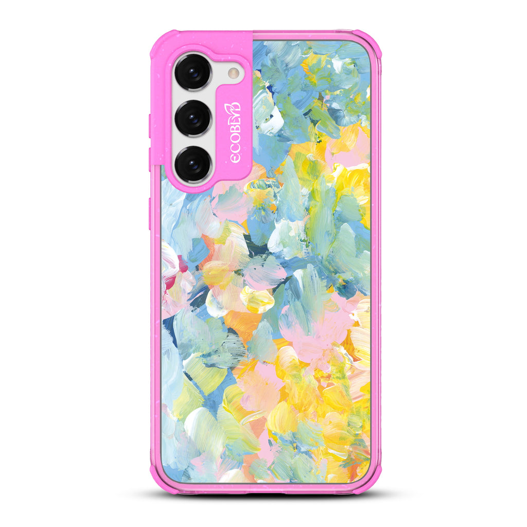 Spring Feeling - Pink Eco-Friendly Galaxy S23 Case With Pastel Acrylic Abstract Paint Smears & Blots On A Clear Back