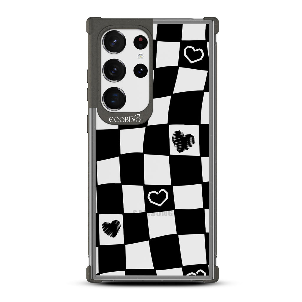 Reality Check - Black Eco-Friendly Galaxy S23 Ultra Case With Wavy Checkered Print & Scribbled Hearts On A Clear Back