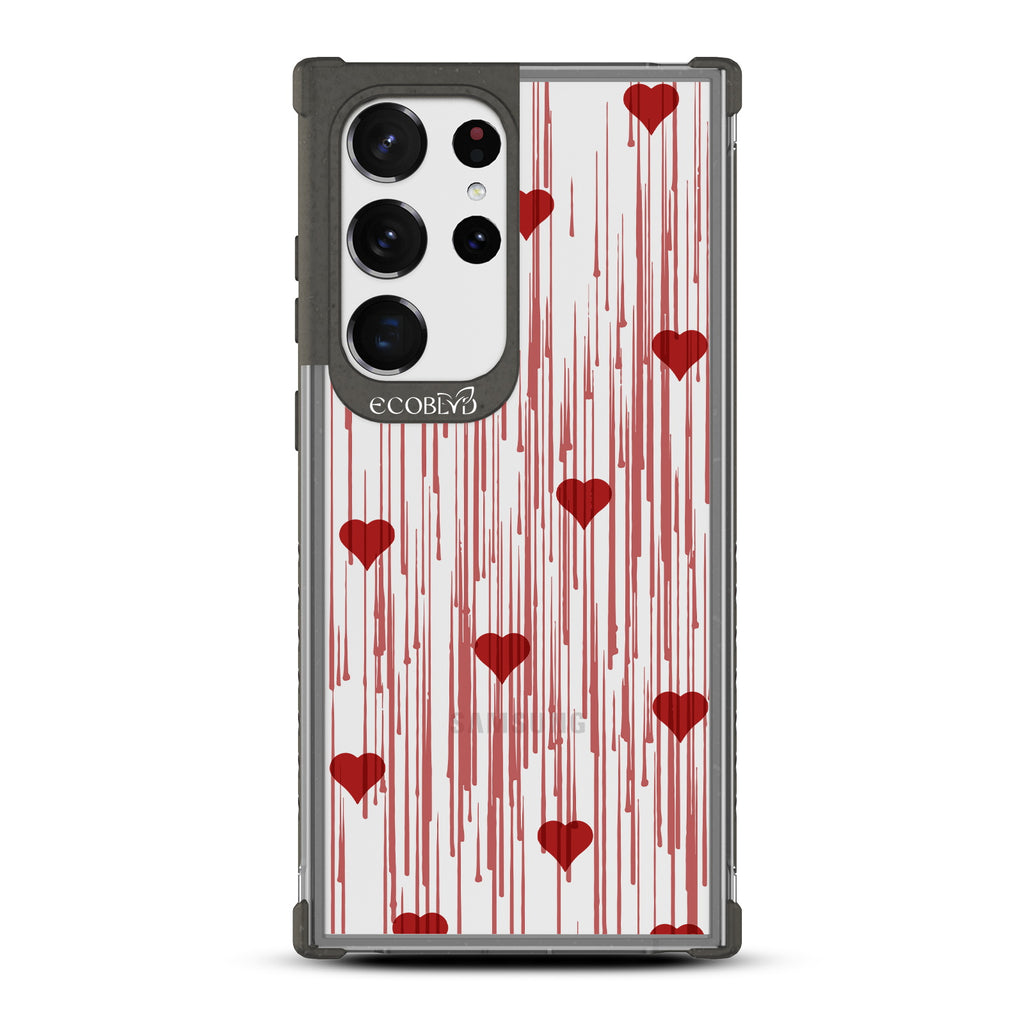 Bleeding Hearts - Black Eco-Friendly Galaxy S23 Ultra Case with Red Drip Art Hearts On A Clear Back