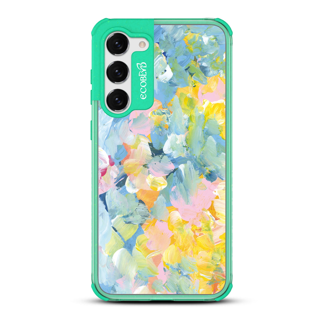 Spring Feeling - Green Eco-Friendly Galaxy S23 Plus Case With Pastel Acrylic Abstract Paint Smears & Blots On A Clear Back