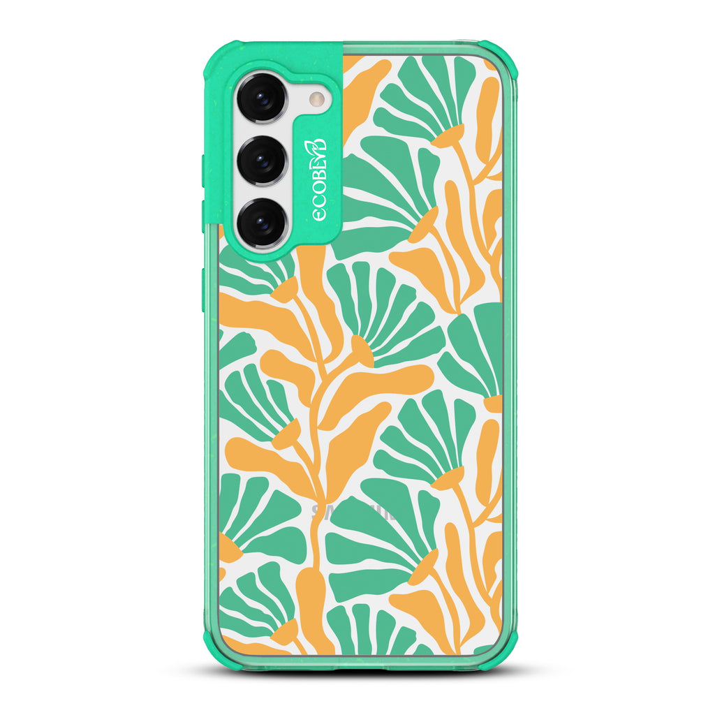 Floral Escape - Green Eco-Friendly Galaxy S23 Case With Tropical Flowers With Tan Base & Green Petals On A Clear Back