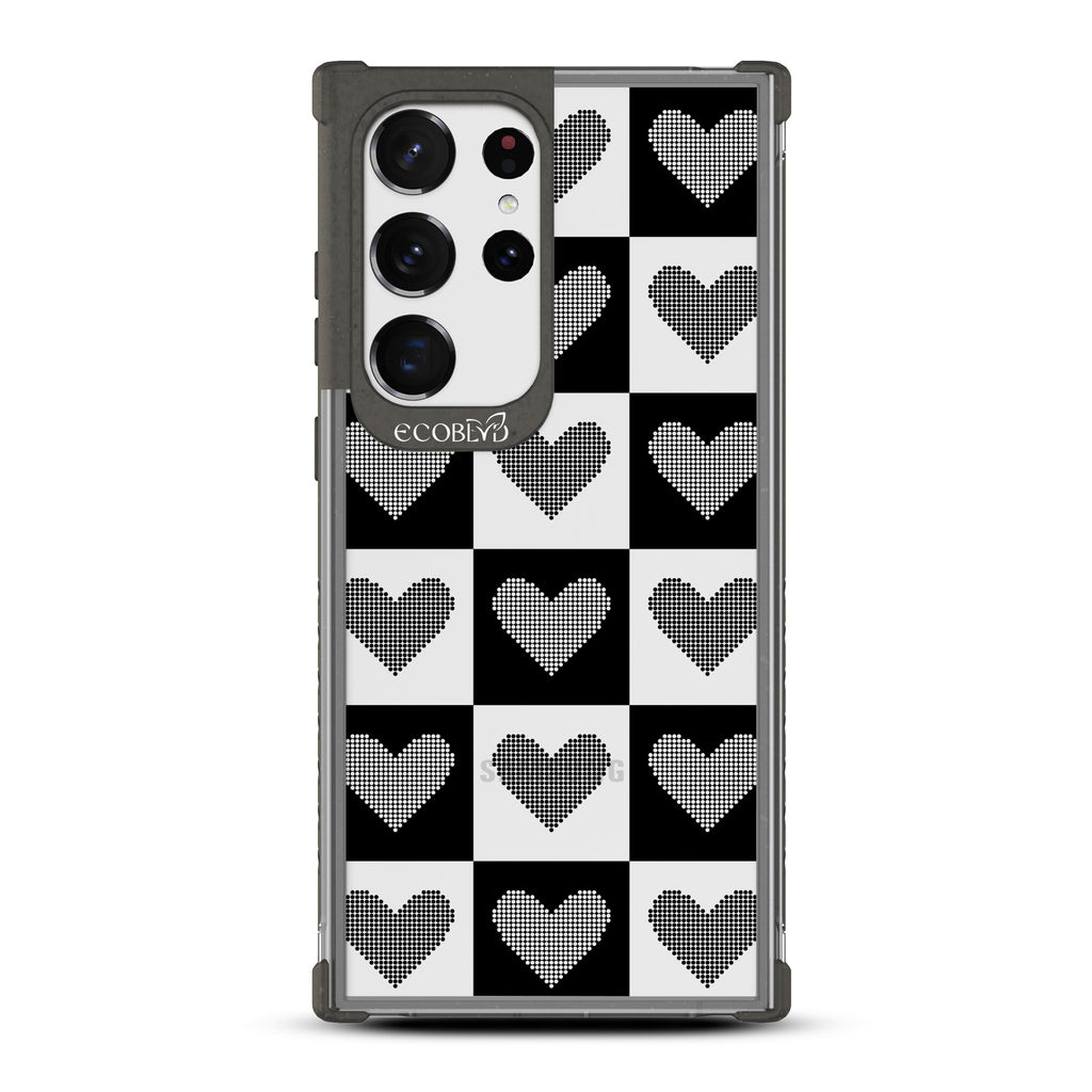 Quilty Pleasures - Black Eco-Friendly Galaxy S23 Ultra Case With Black Checkered Print With Knitted Hearts On A Clear Back