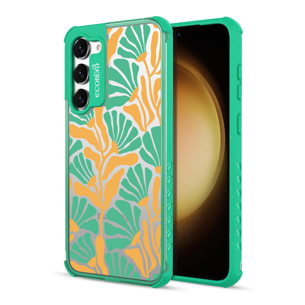 Floral Escape - Back View Of Green & Clear Eco-Friendly Galaxy S23 Case & A Front View Of The Screen