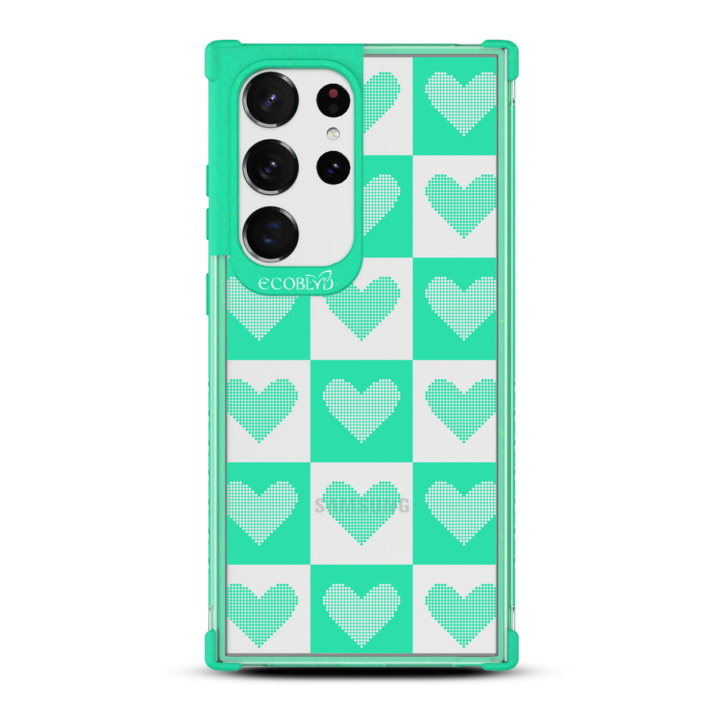Quilty Pleasures - Green Eco-Friendly Galaxy S23 Ultra Case With Checkered Print With Knitted Hearts On A Clear Back