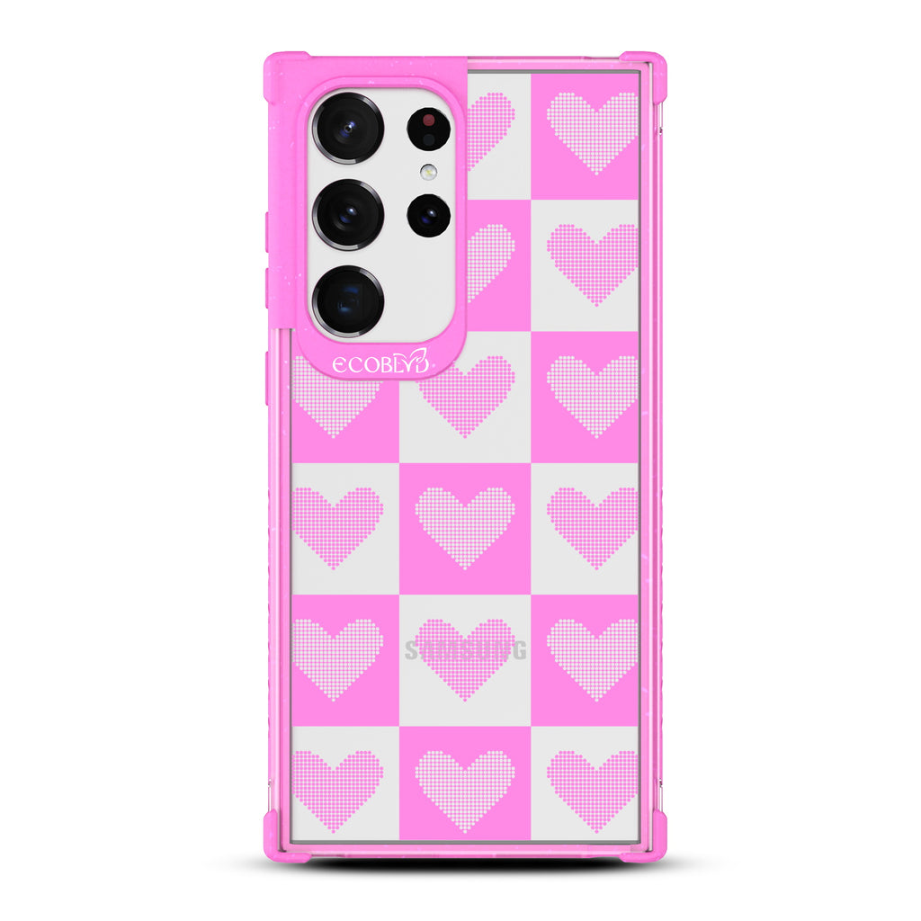 Quilty Pleasures - Pink Eco-Friendly Galaxy S23 Ultra Case With Checkered Print With Knitted Hearts On A Clear Back