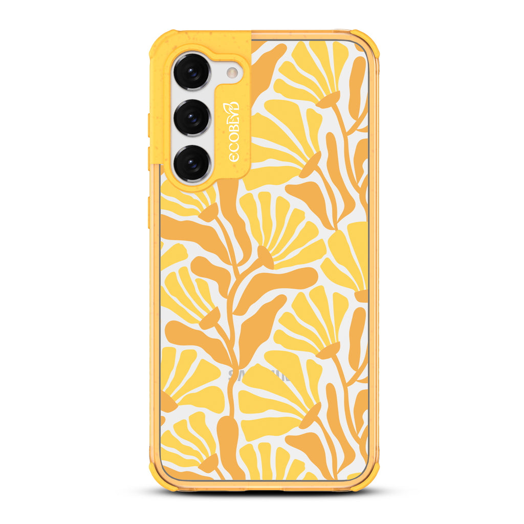 Floral Escape - Yellow Eco-Friendly Galaxy S23 Case With Tropical Flowers With Tan Base & Yellow Petals On A Clear Back