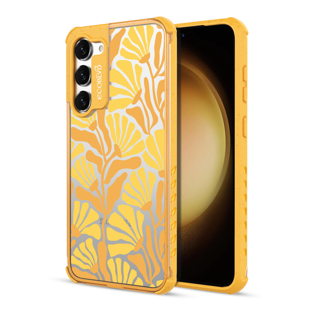Floral Escape - Back View Of Yellow & Clear Eco-Friendly Galaxy S23 Case & A Front View Of The Screen