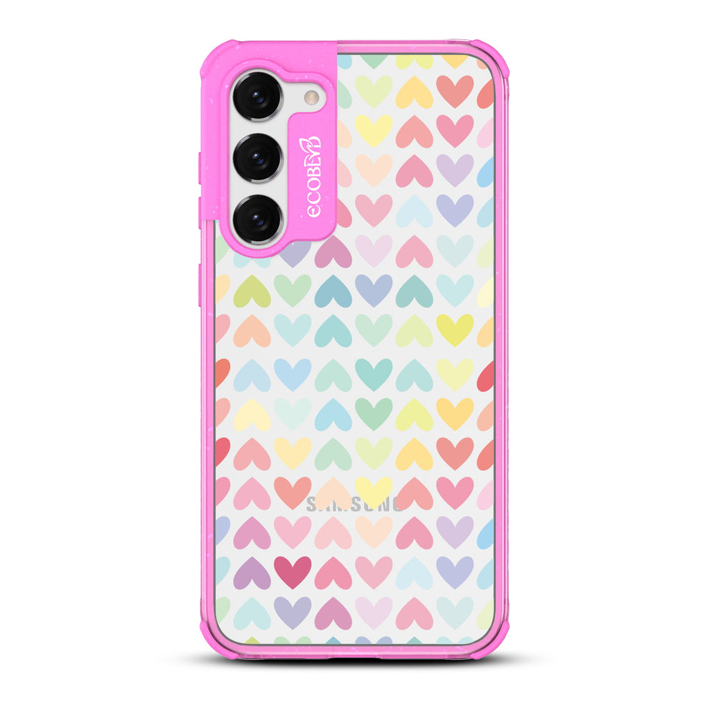 Love Is Love - Pink Eco-Friendly Galaxy S23 Case With A Pastel Rainbow Hearts Pattern On A Clear Back