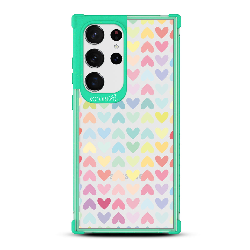 Love Is Love - Green Eco-Friendly Galaxy S23 Ultra Case With A Pastel Rainbow Hearts Pattern On A Clear Back