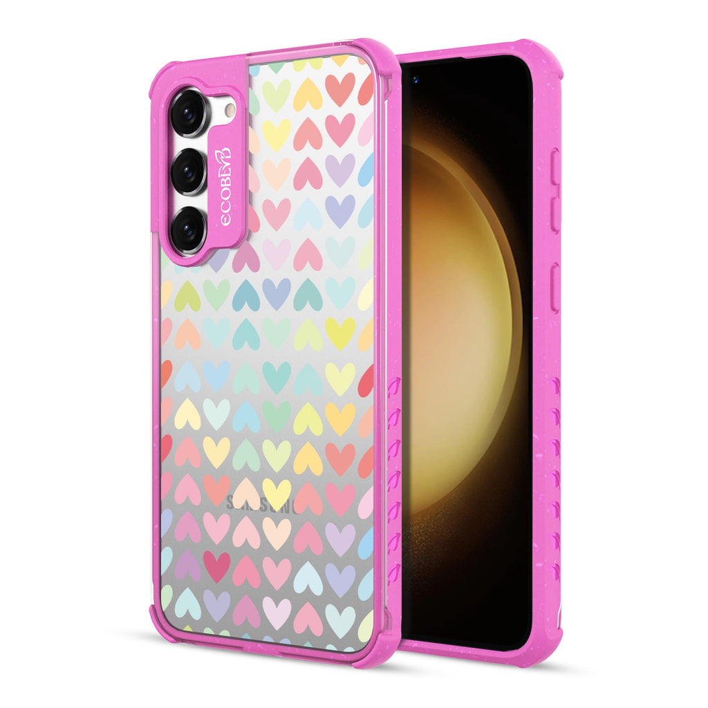 Love Is Love - Back View Of Pink & Clear Eco-Friendly Galaxy S23 Case & A Front View Of The Screen