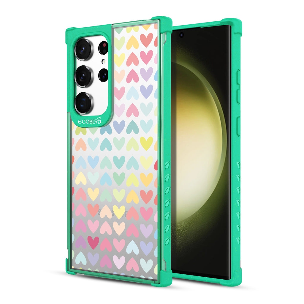 Love Is Love - Back View Of Green & Clear Eco-Friendly Galaxy S23 Ultra Case & A Front View Of The Screen