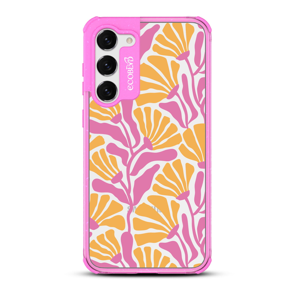 Floral Escape - Pink Eco-Friendly Galaxy S23 Case With Tropical Flowers With Tan Base & Pink Petals On A Clear Back