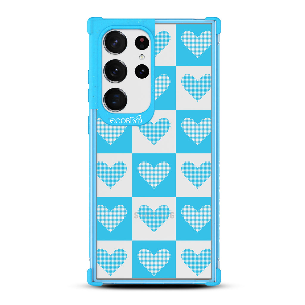Quilty Pleasures - Blue Eco-Friendly Galaxy S23 Ultra Case With Checkered Print With Knitted Hearts On A Clear Back