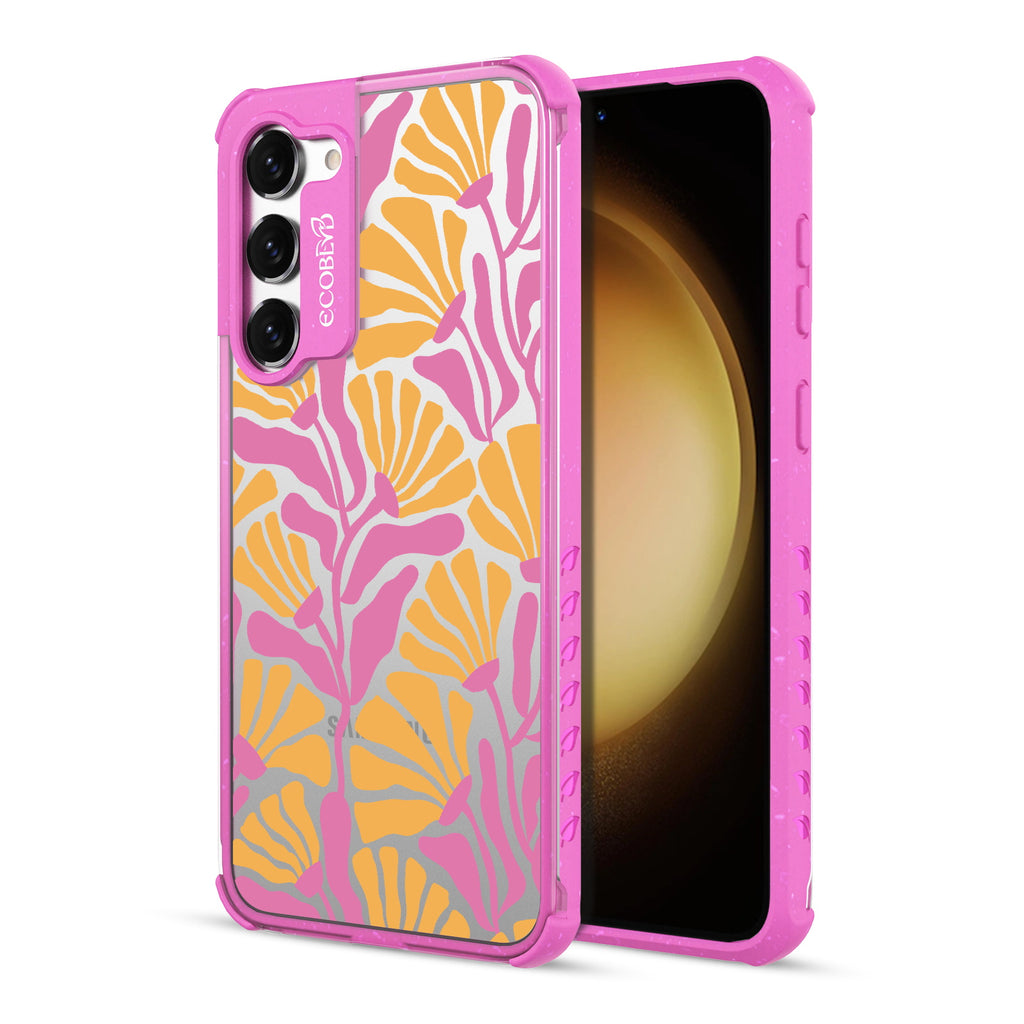Floral Escape - Back View Of Pink & Clear Eco-Friendly Galaxy S23 Case & A Front View Of The Screen