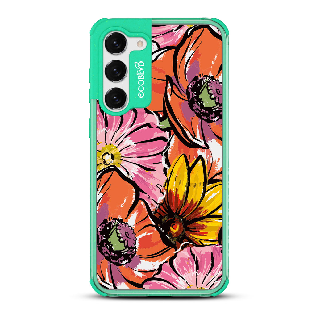 Feeling Lush - Green Eco-Friendly Galaxy S23 Case With A Watercolor Spring Flowers Painting On A Clear Back