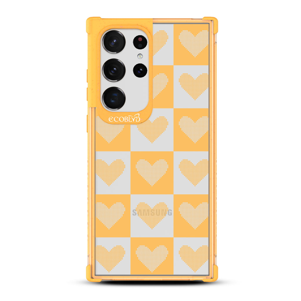 Quilty Pleasures - Yellow Eco-Friendly Galaxy S23 Ultra Case With Checkered Print With Knitted Hearts On A Clear Back