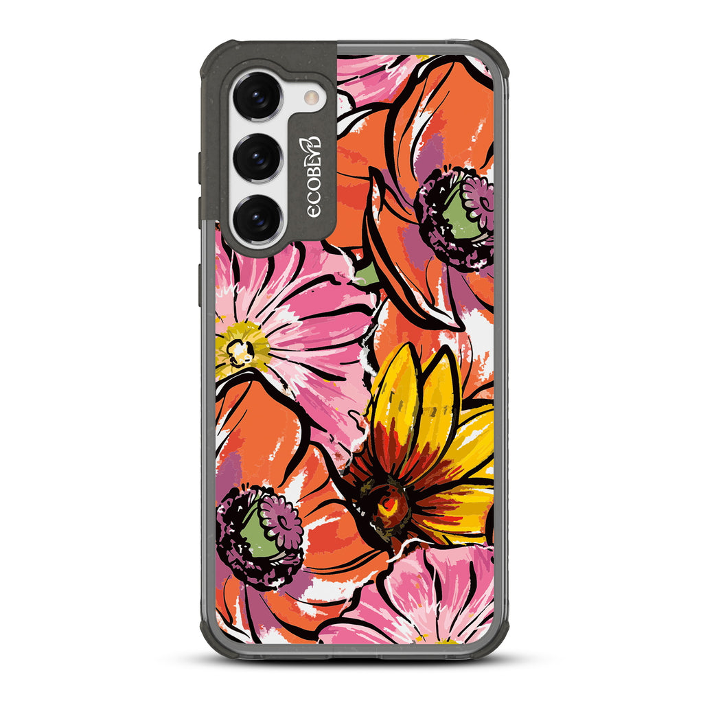 Feeling Lush - Black Eco-Friendly Galaxy S23 Case With A Watercolor Spring Flowers Painting On A Clear Back