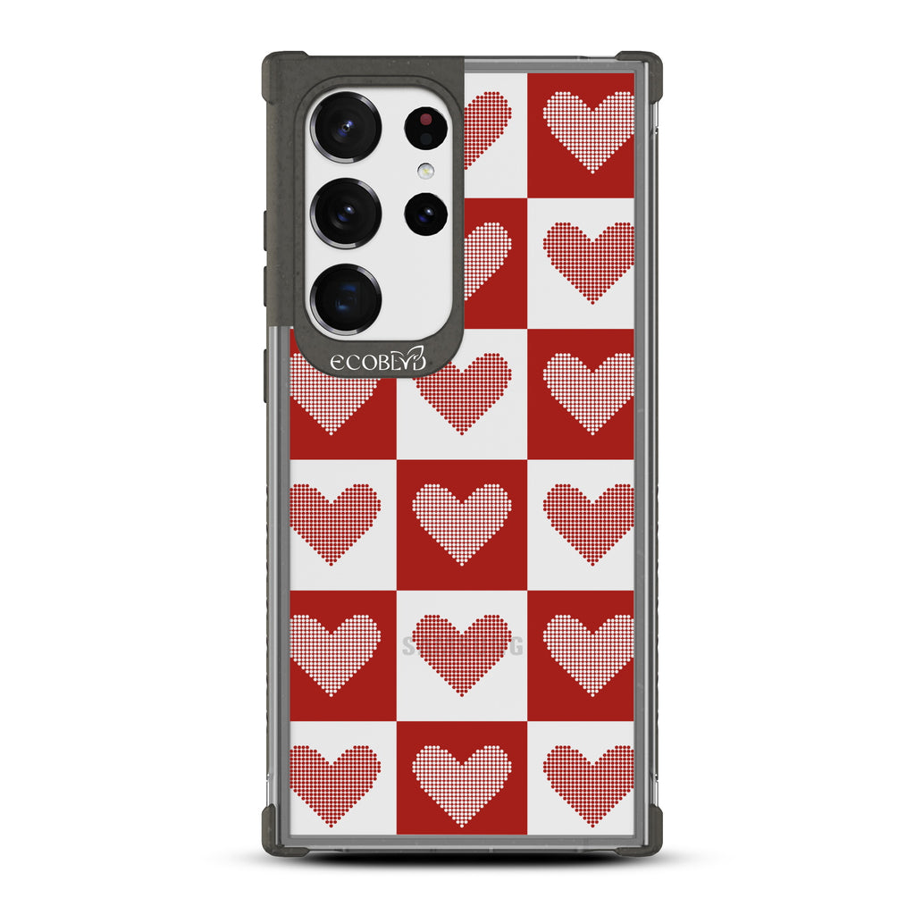 Quilty Pleasures - Black Eco-Friendly Galaxy S23 Ultra Case With Red Checkered Print With Knitted Hearts On A Clear Back