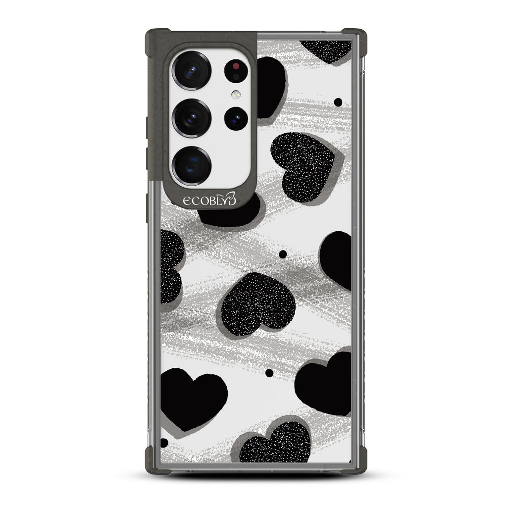 Sparks Fly - Black Eco-Friendly Galaxy S23 Ultra Case With Silver Glitter Hearts, Dots, Grey Paint Strokes On A Clear Back