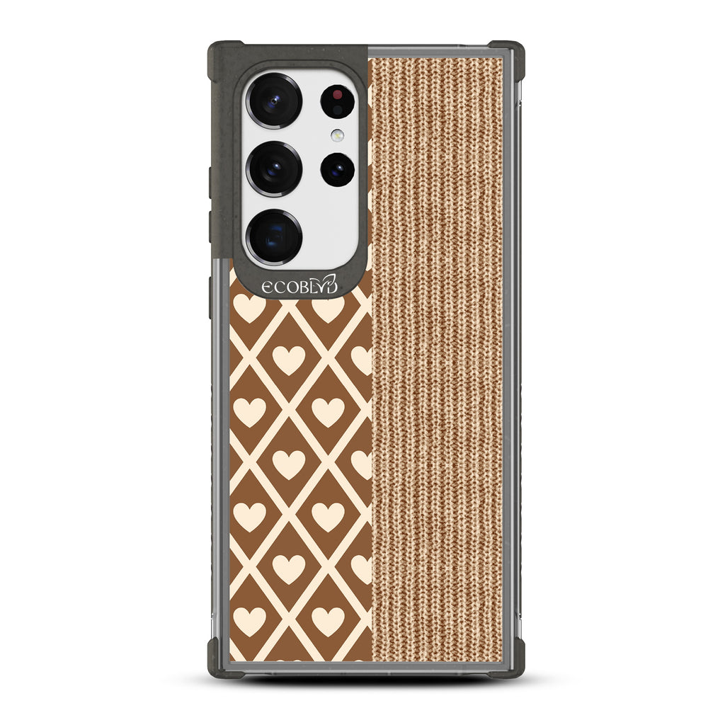 Sew Adorable - Black Eco-Friendly Galaxy S23 Ultra Case With A Design Of Brown Argyle Print & Sewn Fabric Print On A Clear Back