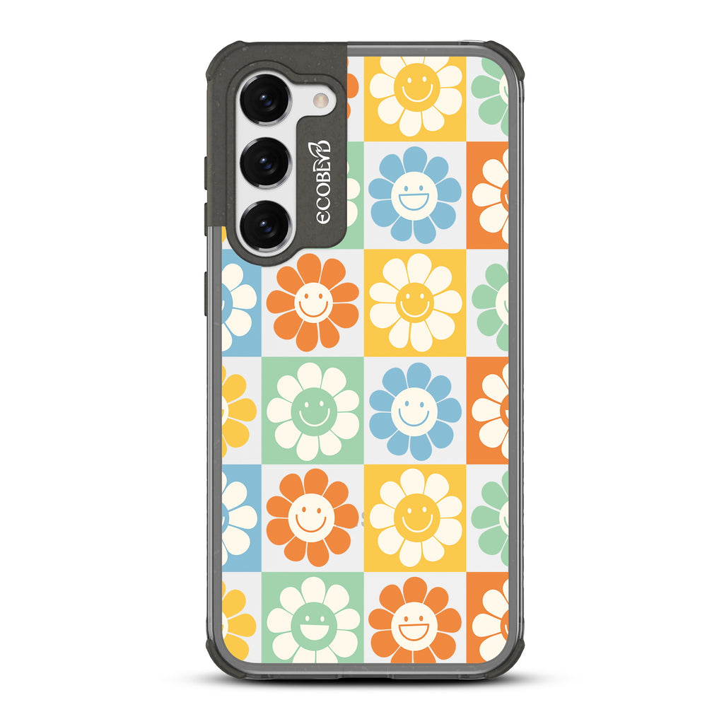 Flower Power - Black Eco-Friendly Galaxy S23 Case With 70's Gingham Cartoon Flowers W/ Smiley Faces Pattern On A Clear Back