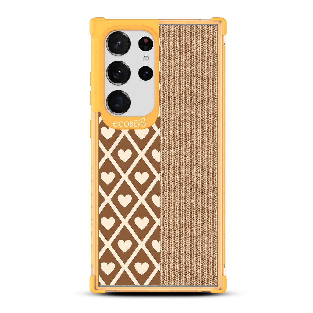 Sew Adorable - Yellow Eco-Friendly Galaxy S23 Ultra Case With A Design Of Brown Argyle Print & Sewn Fabric Print On A Clear Back