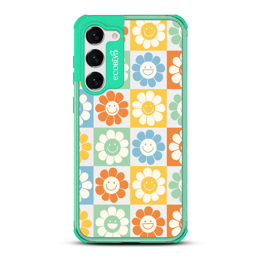 Flower Power - Green Eco-Friendly Galaxy S23 Plus Case With 70's Gingham Cartoon Flowers W/ Smiley Faces Pattern On A Clear Back