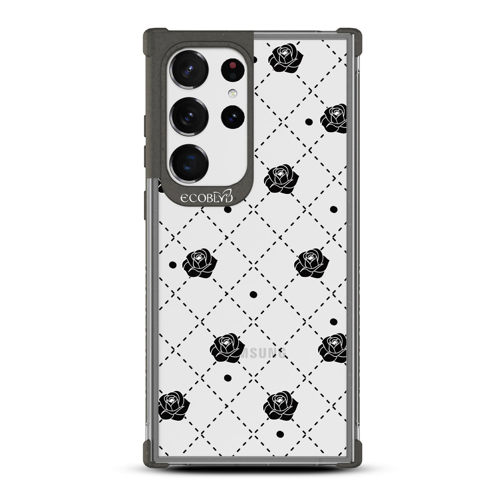 Rose To The Occasion - Black Eco-Friendly Galaxy S23 Ultra Case With Argyle Print, Black Dots & Black Roses On A Clear Back